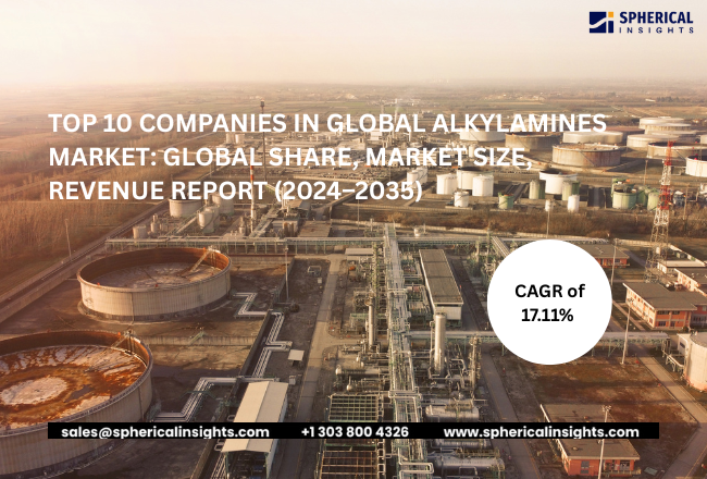 Introduction   The global alkylamines market encompasses the chemical sector that develops and distributes alkylamines which function as organic compounds that serve as chemical intermediates for various industrial and chemical production activities. Alkylamines production requires the combination of methanol or ethanol and ammonia and other industrial gases as raw materials through catalytic chemical reactions. The compounds serve multiple industries including pharmaceuticals agrochemicals water treatment chemicals rubber processing and surfactants and fuel additives because they function as chemical intermediates and catalysts and corrosion inhibitors. The market development trend shows a rise in bio-based sustainable alkylamine production from renewable feedstocks which include bio-methanol and green ammonia and it is supported by technological progress in sustainable chemical manufacturing. The government initiatives that support wastewater treatment infrastructure development and sustainable chemical manufacturing and agricultural productivity improvements create new business prospects for the alkylamines market because these chemicals find extensive application in water purification and pesticide formulation and pharmaceutical synthesis.  Navigate Future Markets with Confidence: Insights from Spherical Insights LLP   The insights presented in this blog are derived from comprehensive market research conducted by Spherical Insights LLP, a trusted advisory partner to leading global enterprises. Backed by in-depth data analysis, expert forecasting, and industry-specific intelligence, our reports empower decision-makers to identify strategic growth opportunities in fast-evolving sectors. Clients seeking detailed market segmentation, competitive landscapes, regional outlooks, and future investment trends will find immense value in the full report. By leveraging our research, businesses can make informed decisions, gain a competitive edge, and stay ahead in the transition toward sustainable and profitable solutions.   Unlock exclusive market insights—Download the Brochure now and dive deeper into the future of the Alkylamines Market.  Global Alkylamines Market Size, Share, By Type (Methyamines, Ethylamine, Propylamines, Butylamines, Cyclohexylamines), By Application (Solvents, Agrochemicals, Rubber Processing, Water Treatment, Pharmaceuticals, Other), Analysis and Forecast 2025 - 2035 Alkylamines Market Size & Statistics  •	The Market Size for Alkylamines Was Estimated to be worth USD 14.72 Million in 2024.  •	The Market is Going to Expand at a CAGR of 17.11% between 2025 and 2035.  •	The Alkylamines Market Size is anticipated to reach USD 83.68Million by 2035.  •	North America is expected to generate the highest demand during the forecast period in the Alkylamines Market  •	Asia Pacific is expected to grow the fastest during the forecast period in the Alkylamines Market.  Regional growth and demand  	 Asia Pacific is expected to grow the fastest during the forecast period in the Alkylamines market. Asia Pacific is expected to grow fastest due to rapid industrialization, expanding pharmaceutical and agrochemical industries, rising chemical manufacturing, increasing demand for water treatment chemicals, and strong economic development in emerging countries such as China and India.  North America is expected to generate the highest demand during the forecast period in the Alkylamines market. North America is expected to generate the highest demand due to a strong chemical manufacturing base, high demand from pharmaceuticals and agrochemicals, advanced industrial infrastructure, and increasing use of alkylamines in water treatment, coatings, and specialty chemical production. Top 10 Trends in the Alkylamines Market  •	Green Alkylamine Production •	Agrochemical Demand Growth •	Pharmaceutical Industry Expansion •	Water Treatment Applications •	Bio-based Alkylamines Development •	Specialty Alkylamines Production •	Emerging Market Expansion •	Advanced Catalytic Technologies •	Personal Care Applications •	Industry Partnerships & Capacity Expansion  1. Green Alkylamine Production Manufacturers are increasingly adopting environmentally friendly production methods to reduce emissions and energy consumption. Sustainable chemical processes and cleaner technologies are being developed to support eco-friendly alkylamine manufacturing.  2. Agrochemical Demand Growth Alkylamines are widely used in the production of herbicides, pesticides, and crop protection chemicals. Rising global food demand and agricultural productivity needs are increasing the use of alkylamines in agrochemical formulations.        3. Pharmaceutical Industry Expansion Alkylamines are important intermediates in the synthesis of many pharmaceutical drugs. Growing pharmaceutical production and increasing demand for medicines are driving the use of alkylamines in drug manufacturing.  4. Water Treatment Applications Alkylamines are used in water treatment chemicals as corrosion inhibitors and pH control agents. Increasing investments in wastewater treatment infrastructure are boosting demand for alkylamine-based treatment solutions.  5. Bio-based Alkylamines Development Companies are focusing on developing bio-based alkylamines from renewable resources. These sustainable alternatives help reduce environmental impact and support the growing demand for green chemicals in industrial applications.       Empower your strategic planning: Stay informed with the latest industry insights and market trends to identify new opportunities and drive growth in the Alkylamines market. To explore more in-depth trends, insights, and forecasts, please refer to our detailed report. Top 10 Companies Leading the Alkylamines Market  1.	BASF SE 2.	Eastman Chemical Company 3.	Dow Inc. 4.	Solvay SA 5.	Huntsman Corporation 6.	Arkema 7.	Evonik Industries 8.	AkzoNobel N.V. 9.	Mitsubishi Gas Chemical Company 10.	Alkyl Amines Chemicals Limited  1. BASF SE Headquarters: Ludwigshafen, Germany BASF SE reported approximately USD 87 billion revenue in 2025. BASF is one of the world’s largest chemical companies producing alkylamines used in pharmaceuticals, agrochemicals, water treatment, and industrial applications. The company focuses on advanced chemical technologies, sustainable manufacturing, and global supply networks to support diverse industrial sectors worldwide.  2. Eastman Chemical Company Headquarters: Kingsport, Tennessee, United States Eastman Chemical Company generated around USD 9.8 billion revenue in 2025. The company manufactures specialty chemicals including alkylamines used in coatings, pharmaceuticals, and agricultural chemicals. Eastman emphasizes innovation, sustainable chemistry solutions, and advanced material technologies to support industrial and specialty chemical markets globally.  3. Dow Inc. Headquarters: Midland, Michigan, United States Dow Inc. recorded approximately USD 45 billion revenue in 2025. Dow produces a wide range of specialty chemicals including alkylamine derivatives used in water treatment, agriculture, and industrial processes. The company focuses on technological innovation, large-scale chemical production, and sustainable solutions for global industries.  4. Solvay SA Headquarters: Brussels, Belgium Solvay SA generated about USD 12 billion revenue in 2025. Solvay develops specialty chemicals and advanced materials including amine-based intermediates used in pharmaceuticals, agrochemicals, and industrial manufacturing. The company emphasizes sustainable chemical processes, research-driven innovation, and global collaborations to support industrial growth.  5. Huntsman Corporation Headquarters: The Woodlands, Texas, United States Huntsman Corporation reported nearly USD 8 billion revenue in 2025. Huntsman produces specialty chemical products including amines used in agrochemicals, water treatment, and industrial applications. The company focuses on innovative chemical technologies, strong manufacturing capabilities, and expanding its global presence in specialty chemical markets.  Are you ready to discover more about the Alkylamines market? The report provides an in-depth analysis of the leading companies operating in the Alkylamines market. It includes a comparative assessment based on their product portfolios, business overviews, geographical footprint, strategic initiatives, market segment share, and SWOT analysis. Each company is profiled using a standardized format that includes: Company Profiles 1.	BASF SE    •	Business Overview •	Company Snapshot •	Products Overview •	Company Market Share Analysis •	Company Coverage Portfolio •	Financial Analysis •	Recent Developments •	Merger and Acquisitions •	SWOT Analysis 2.	Eastman Chemical Company 3.	Dow Inc. 4.	Solvay SA 5.	Huntsman Corporation 6.	Arkema 7.	Evonik Industries 8.	AkzoNobel N.V. 9.	Mitsubishi Gas Chemical Company 10.	Others.  Conclusion  The global alkylamines market will show substantial growth throughout the forecast period because key industries which include pharmaceuticals and agrochemicals and water treatment and rubber processing show increasing demand for alkylamines. Alkylamines function as vital chemical intermediates which enable various industrial production methods and chemical production processes. The need for effective crop protection chemicals together with increasing agricultural activities drive market growth. The market shows increased demand because of rising investments in wastewater treatment facilities and ongoing development work in pharmaceutical products. The chemical manufacturing sector gains sustainable production pathways through technological advancements and the development of bio-based alkylamines. The market for alkylamines will grow continuously because government programs which support environmental sustainability together with industrial development initiatives create favorable conditions for market expansion.